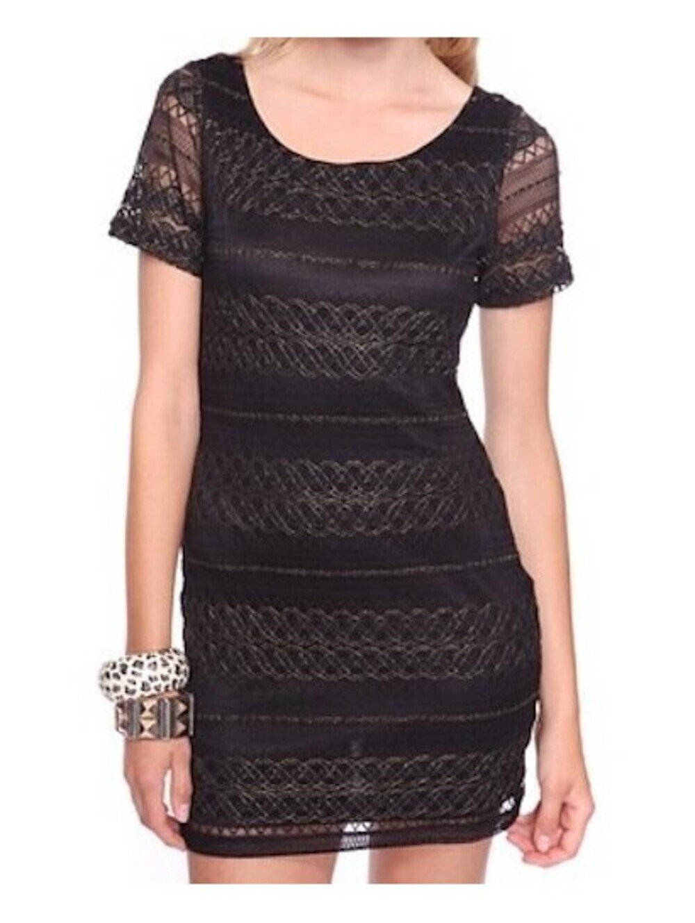 Forever 21 Size S/M Medium Nylon Black and Gold Lace Mini Dress Short Sleeve - Picture 2 of 7